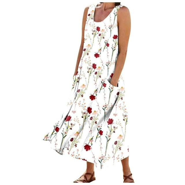 CHOK Robes d'Été Décontractées Femmes Coton Lin à Fleurs Robe Maxi Femme Sans Manches Débardeur Longue Fluide Robe Bohème Robes d'Été Fluides pour Adolescentes avec Poches Gris Foncé 3TG