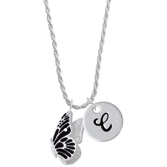 Delight Jewelry Silvertone Large Black Flying Butterfly Silvertone Script Initial Disc - C - Charm Necklace, 20"+3"