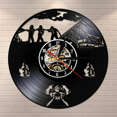 YanGxx Fire Department Office Vinyl Record Wall Clock Modern Vintage Firefighting Rescue Silhouette LED Light Wall Watch