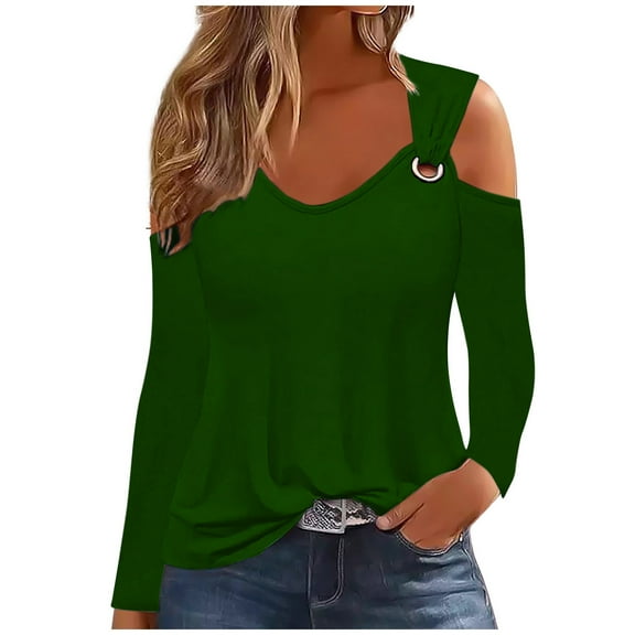 WREESH Womens Fashion T-Shirts Off The Shoulder Top Solid Color Pullover Regular Fit Cold Shoulder Tops Long Sleeve Tops Casual Off Shoulder Pullover Top Top/Shirt Olive Green