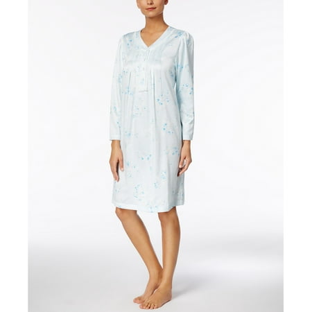 Miss Elaine-Brushed-Satin Lace-Trim Nightgown-Regular-S-Blue Bouquet