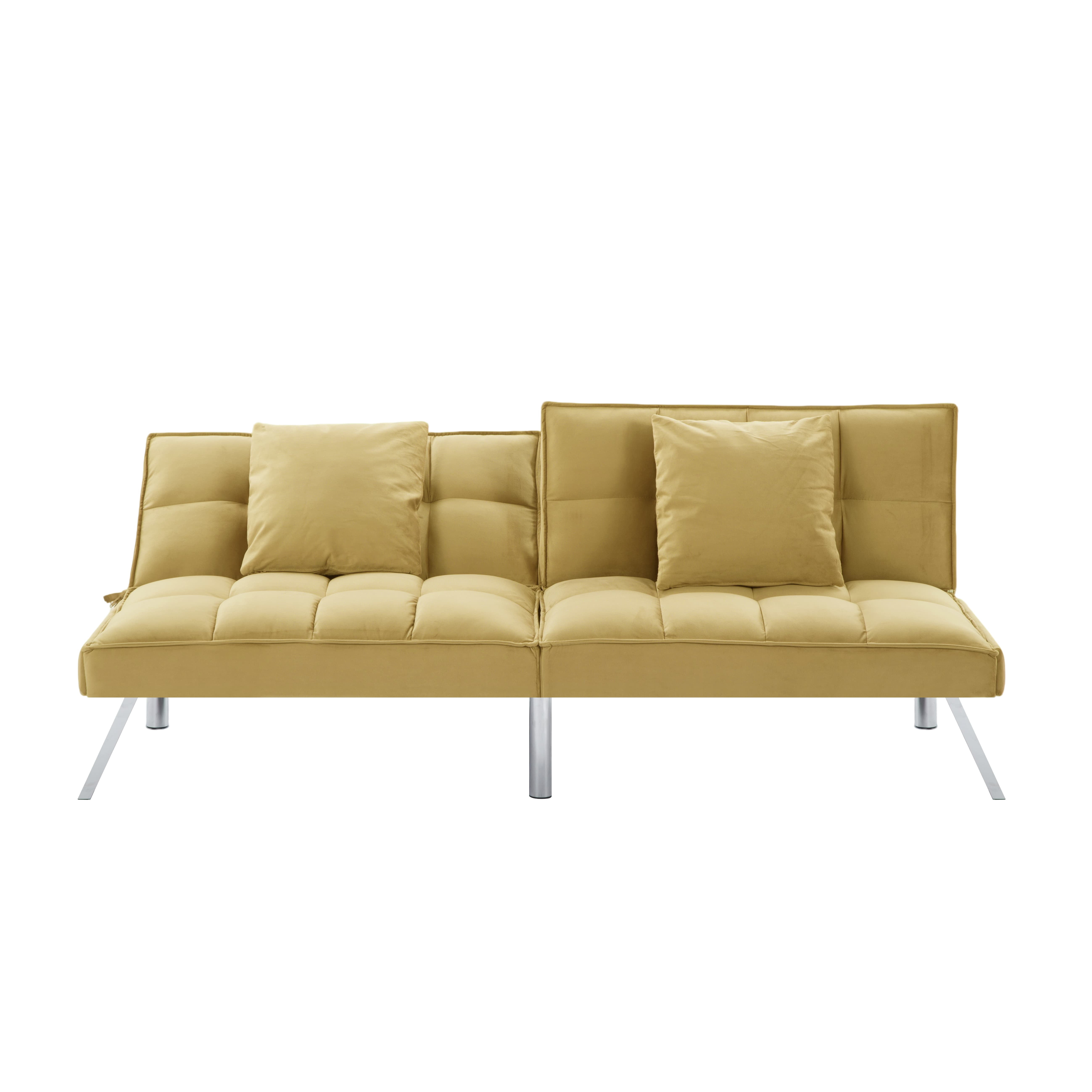 BSHTI 67.7" Futon Sofa Bed, Velvet Upholstery, Features an 5 Adjustable Angled Backrest, Snug Square Arms, and Metal Legs, for your Home, Office, or Guest Room, Olive