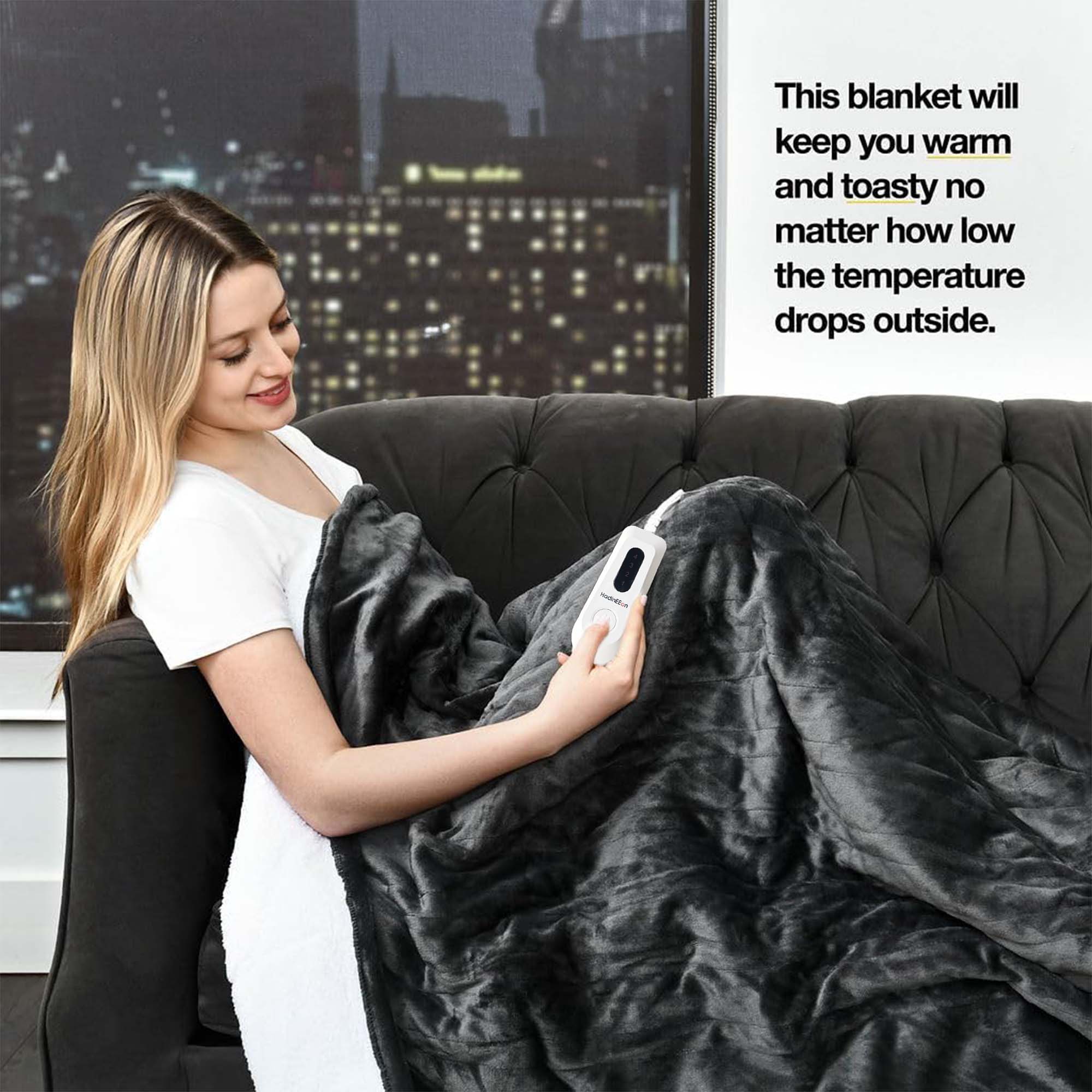 HadinEEon Heated Blanket, 50" x 60" Electric Throw with 4 Heating Levels, Machine Washable Flannel & Sherpa, Dark Gray