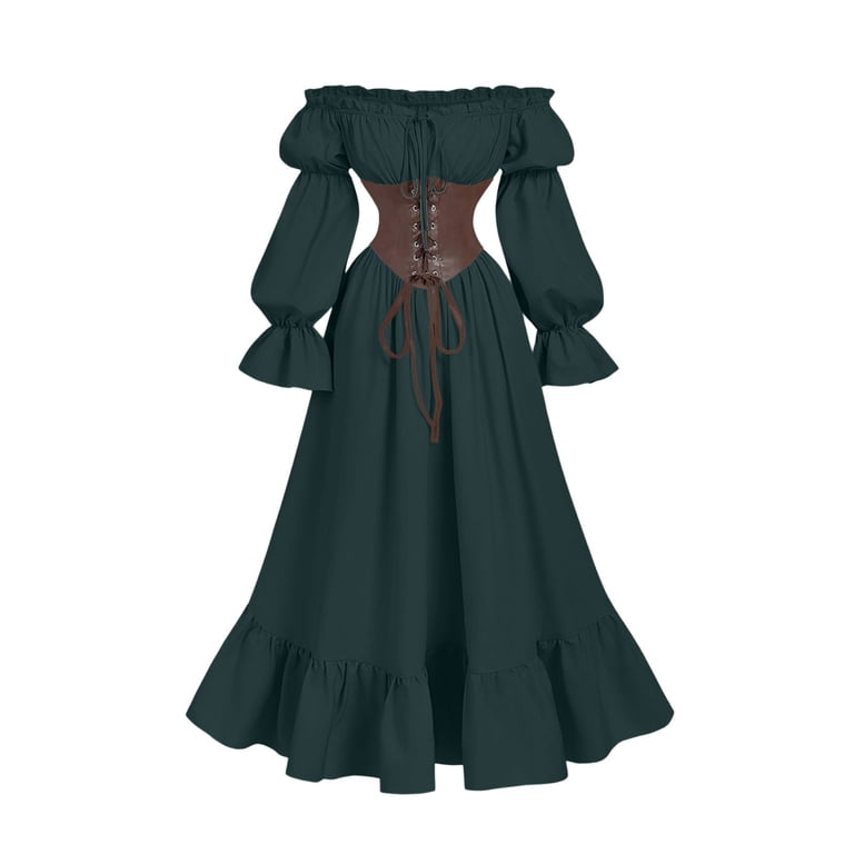 SZJXBUY Renaissance Style Dress Women Flowy Halloween Long Sleeve Corset Medieval Dresses Ruffle Off Shoulder Vintage Gothic Party Dress Army Green,L