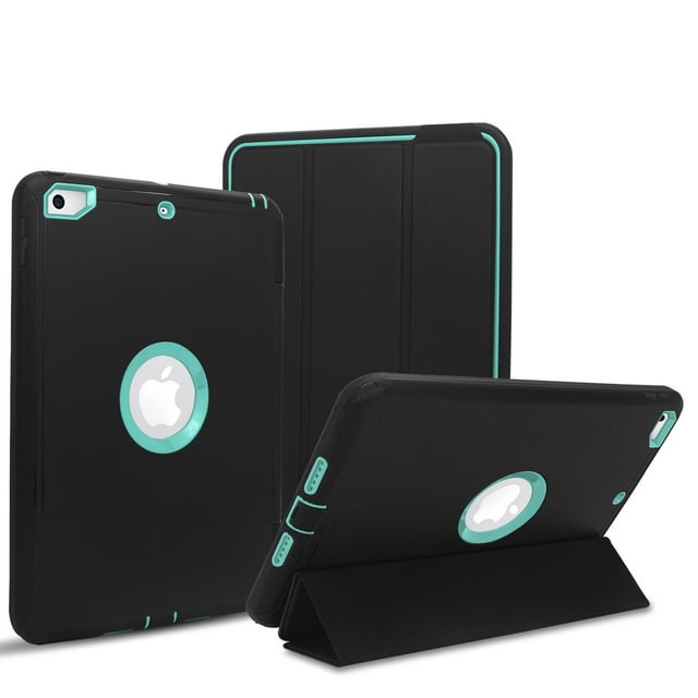 Mignova For New iPad 9.7 2017/2018 Case Heavy Duty Full Body Rugged Protective Case with Auto Sleep/Wake Up Stand Folio&Three Layer Design for Apple iPad 9.7 inch 2017/2018 (Black+Aqua)
