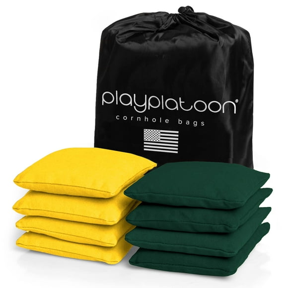 Play Platoon Weather Resistant Cornhole Bags - Set of 8 Regulation Corn Hole Bean Bags - Hunter Green & Yellow - Durable Duck Cloth Corn Hole Bags for Tossing Game, Includes Tote Bag
