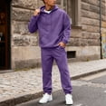 thumbnail image 2 of Nokdvo Sweatsuit for Men 2 Piece Set Lightweight Fleece Letter Print Drawstring Hoodie and Sweatpants Fall Winter Hooded Solid Color Ribbed Sweatsuit Sets with Pocket,Purple M, 2 of 4