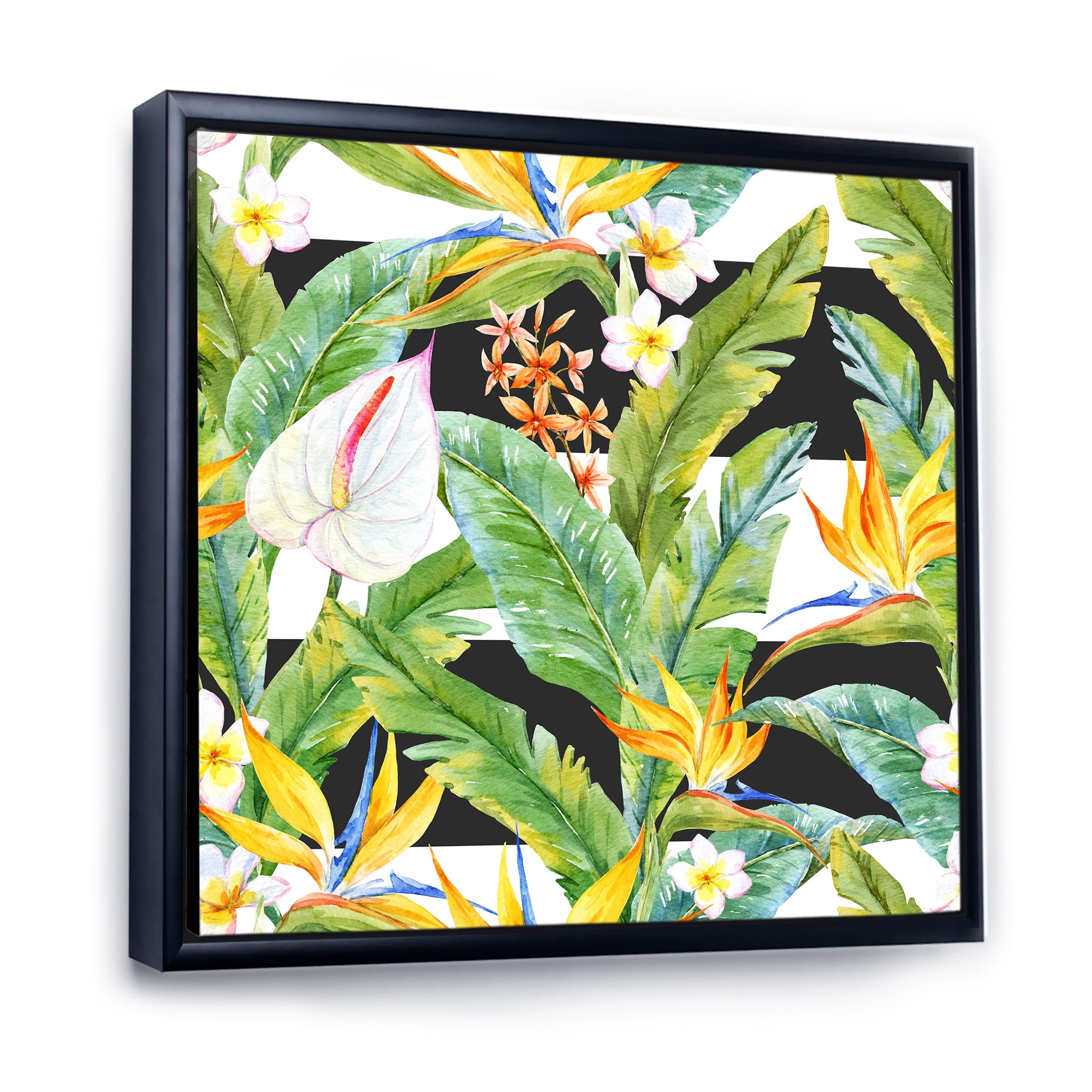 Designart 'Yellow Flowers and Tropical Foliage IV' Modern Framed Canvas Wall Art Print