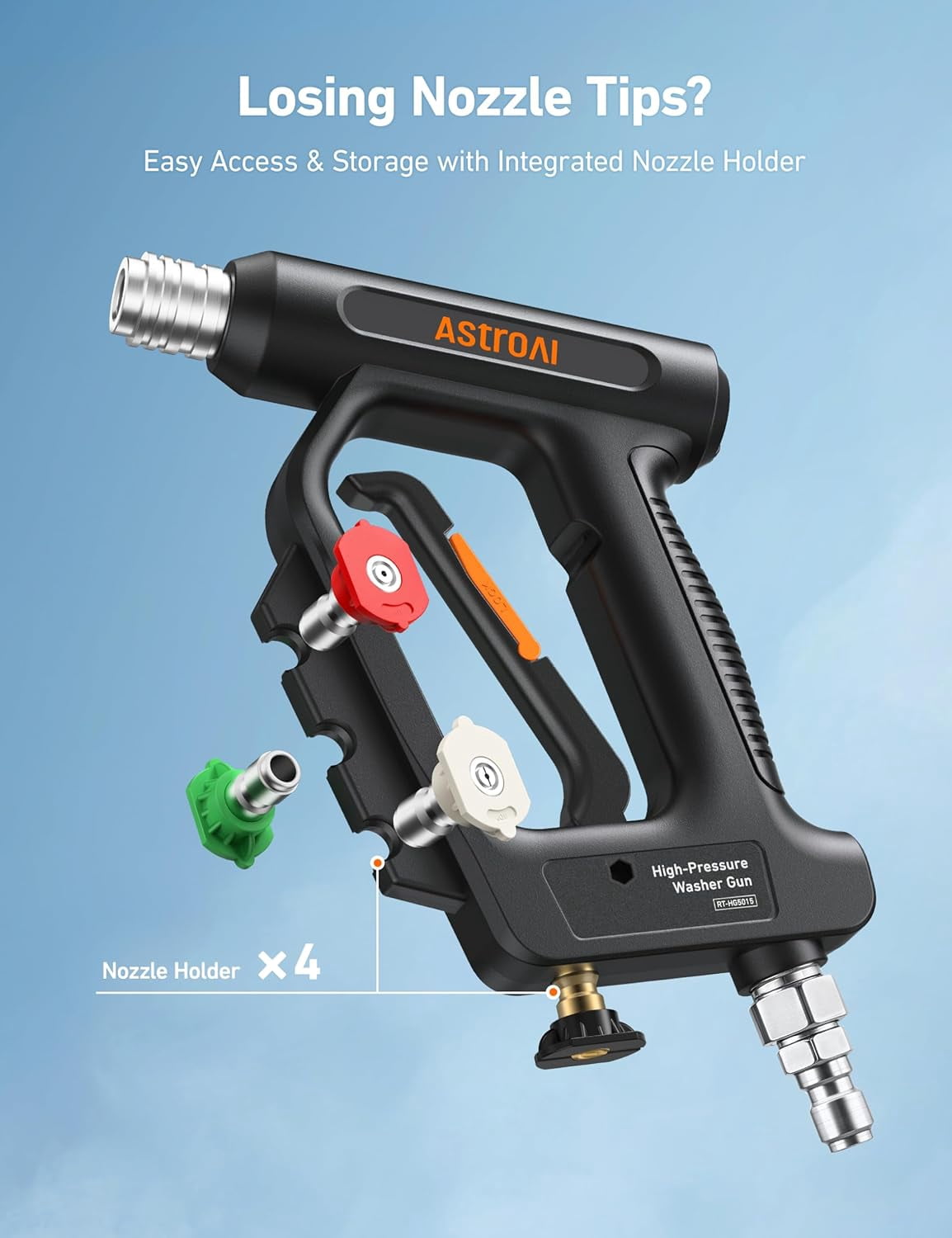 AstroAI Short Pressure Washer Gun with Swivel High Pressure Washer with 4 Nozzles and 3/8” Swivel Quick Connector - 4060PSI Max and Compatible, Black