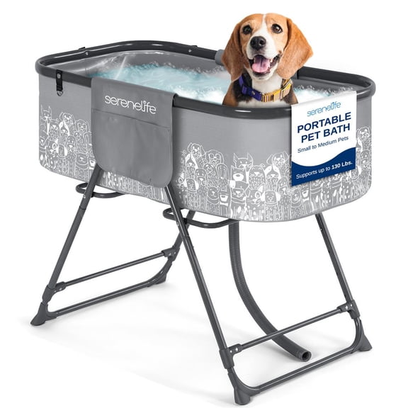 SereneLife Foldable Dog Bath Tub with Adjustable Height – Pet Grooming Station with 360° Access, Drain Hose & Storage Pockets, 130 lb Capacity for Indoor/Outdoor Use (Gray)