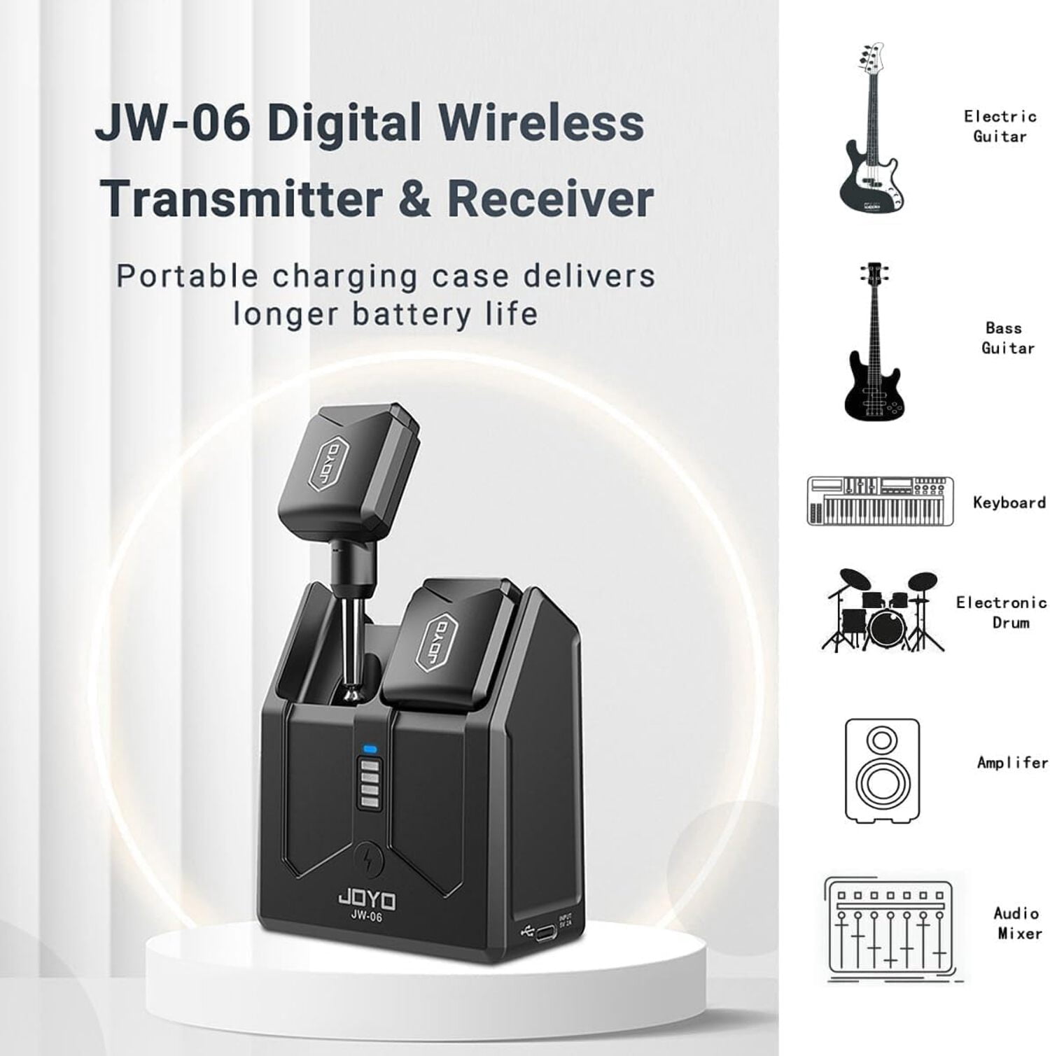 JOYO 5.8GHz Wireless Guitar Transmitter Receiver 18H Total Battery Life with Charging Case 4 Channels for Guitar Bass