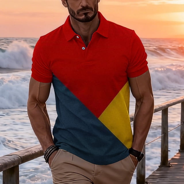 Ceisia Men's Summer Casual Diagonal Color Block Mesh Short Sleeve Lapel Shirt Multicolor XL Gifts