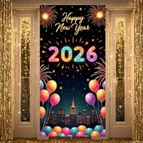 Neon Theme Happy New Year Banner Fireworks Design 2026 Background Colorful Balloons Golden Stars New Year Celebration Backdrop for New Year Party Family Gathering Photo Backdrop