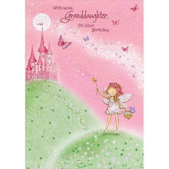 Designer Greetings Pink Castle and Fairy Child with Star Wand Birthday Card for Granddaughter