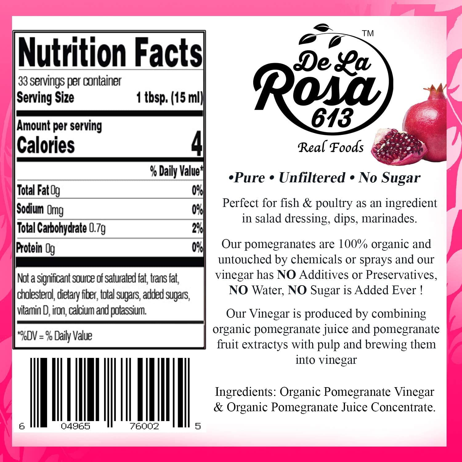 De La Rosa 613 Organic Extra Virgin Olive Oil & Pomegranate Vinegar,Kosher for Passover,16.9 oz(2 Pack)