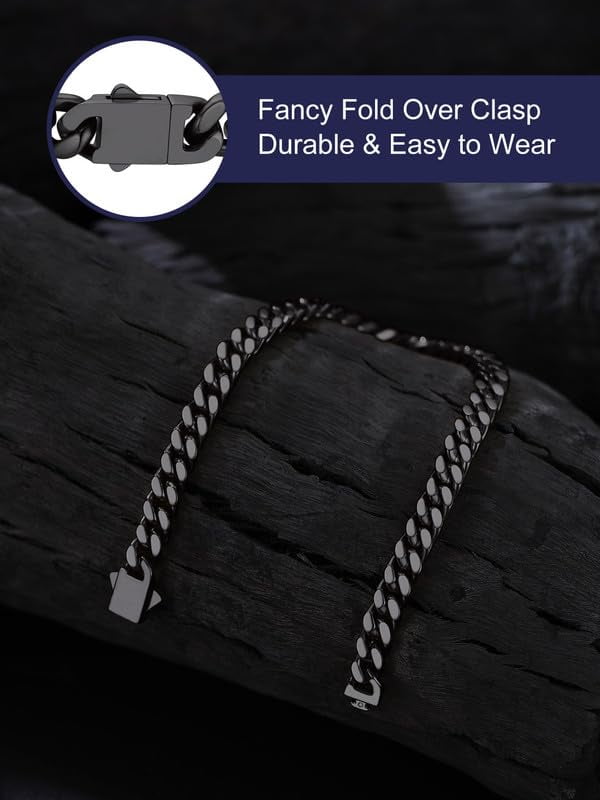 Bandmax 5MM Wide Black Cuban Chain Bracelet for Men Women Father's Day Gift for Son Dad Husband Stainless Steel Hip Hop Biker Wristlet Anklet Chain Jewelry