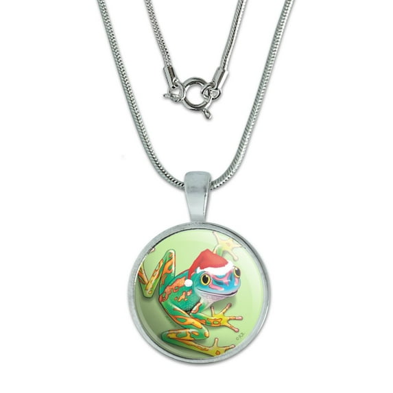 Santa Hat Rainforest Christmas Tree Frog 0.75" Pendant with Sterling Silver Plated Chain