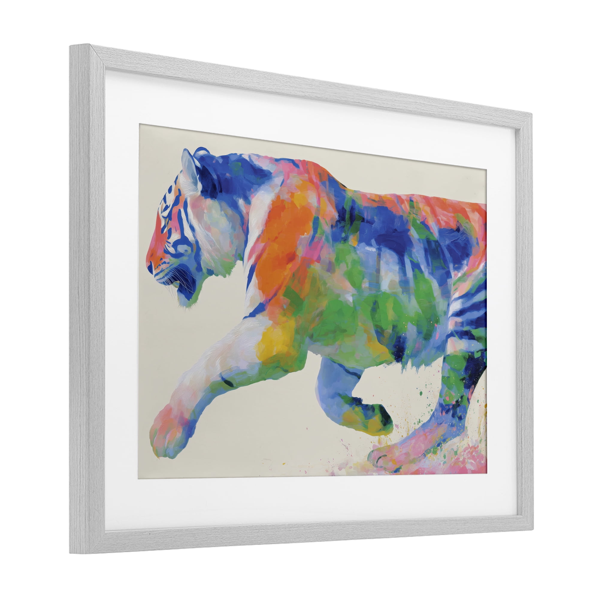 Stupell Industries Colorful Tiger In Motion Gray Framed Print Under Glass, design by Chromatic Storm Studio