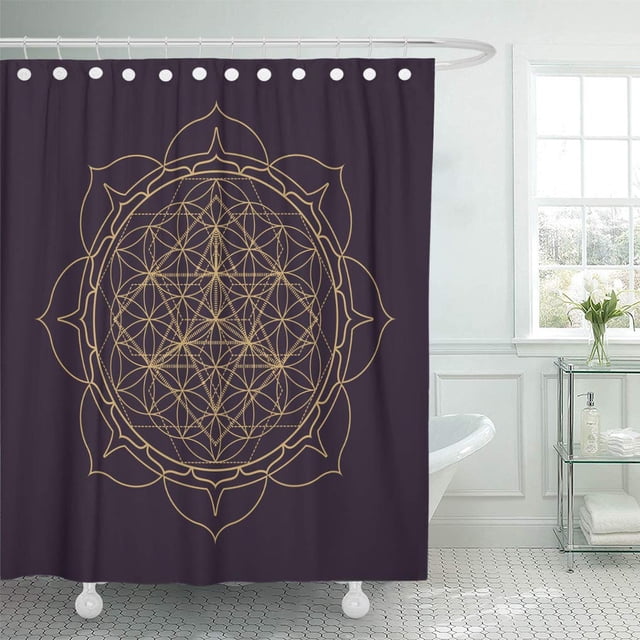 ABPHQTO Cortina de ducha Flor de la vida con mandala abstracta monocromática dorada Geometría sagrada 160x180 cm