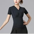 thumbnail image 4 of Short Sleeve Latin Ballroom Dance Tops Stretch Jersey V-Neck Ruched Wrap-Over Fitted, 4 of 7
