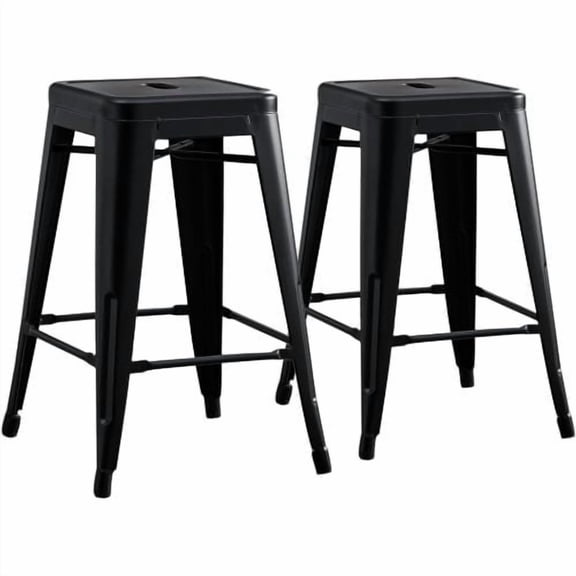 Contemporary Rustic Vintage Backless Metal Bar Stools- Kitchen Counter Bar Stool, 24Inch Height - Set of 2 - Matte Black
