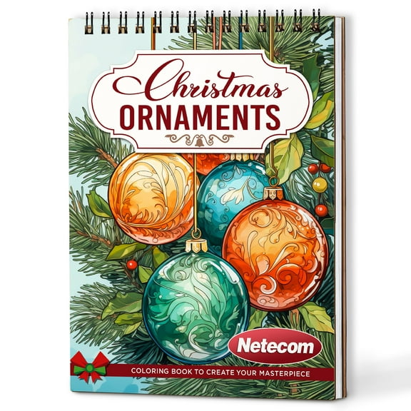 Netecom Christmas Ornaments Coloring Book Spiral Bound for Adults, A5 Wooden Cover, 30 Decorative Coloring Pages of Ornaments in Festive Holiday Themes for Stress Relief and Relaxation