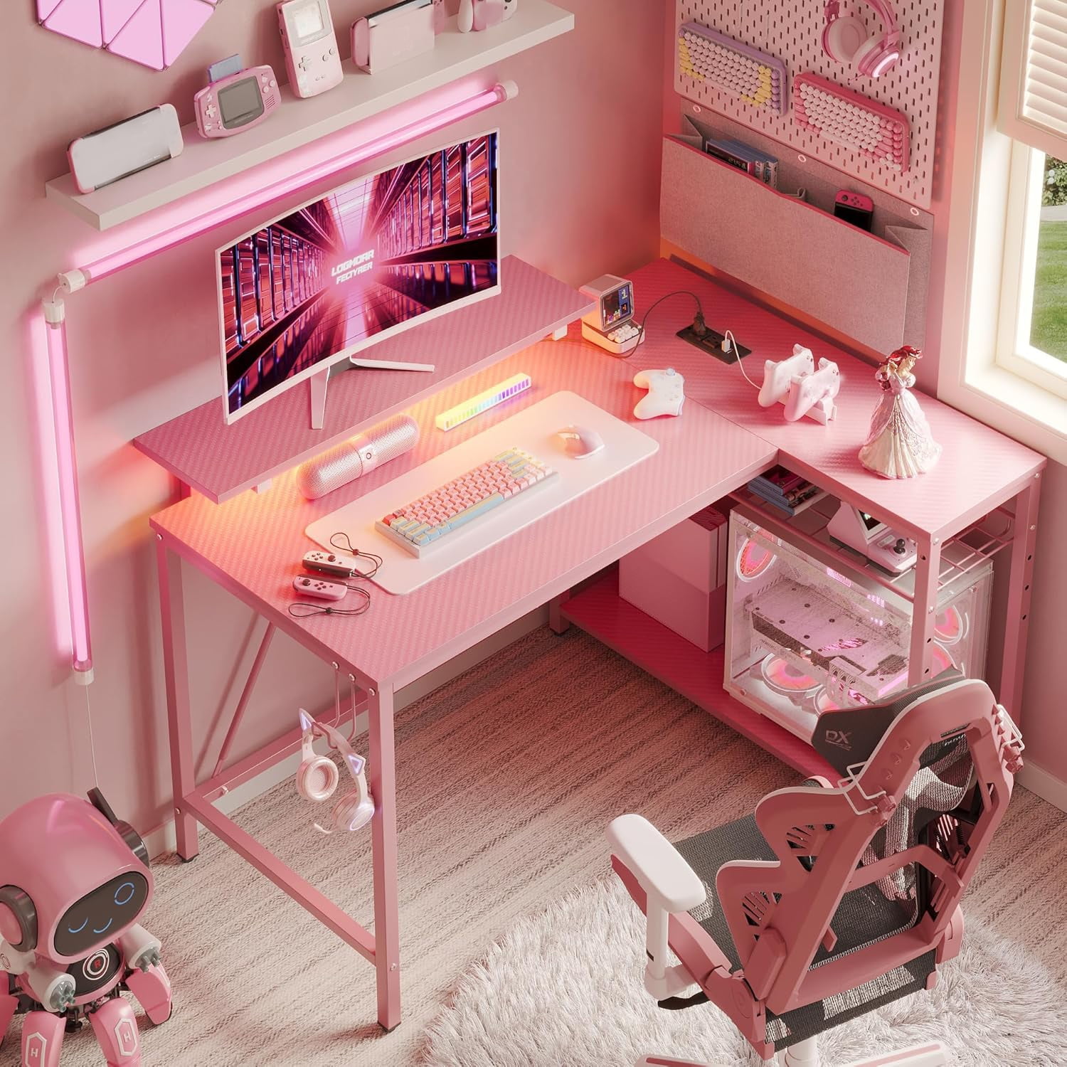 RSPGAME 42" L Shaped Computer Desk with Power Outlets, Corner Office Desk with LED Lights & Monitor Stand, Reversible Shelves, Corner Desk for Small Spaces ,Bedrooms & Home, Carbon Fiber Pink