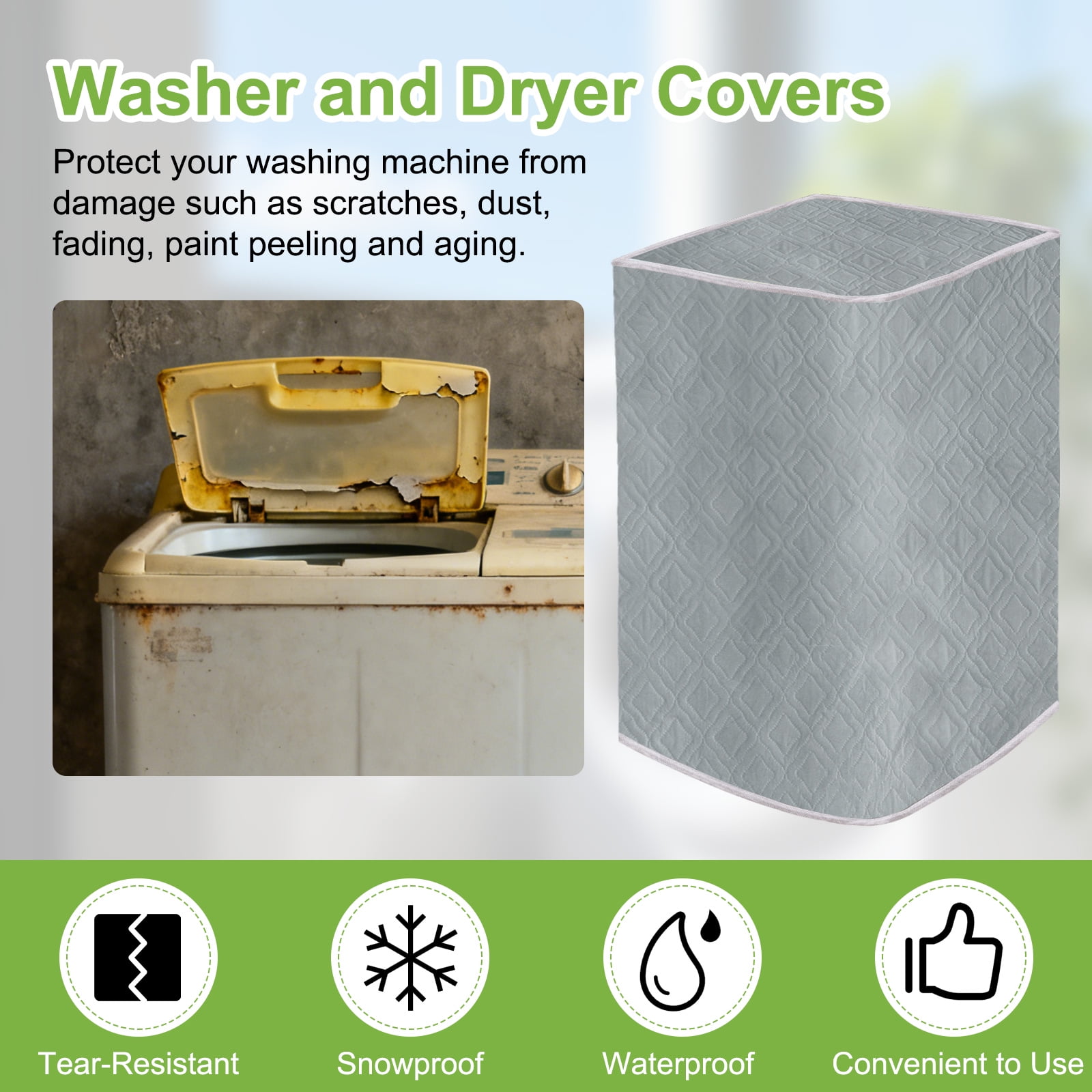 Washer and Dryer Covers 24"x24"x37"- Waterproof, Dustproof PEVA Top Load Washing Machine Cover with Zipper for Laundry Room Balcony, Grey