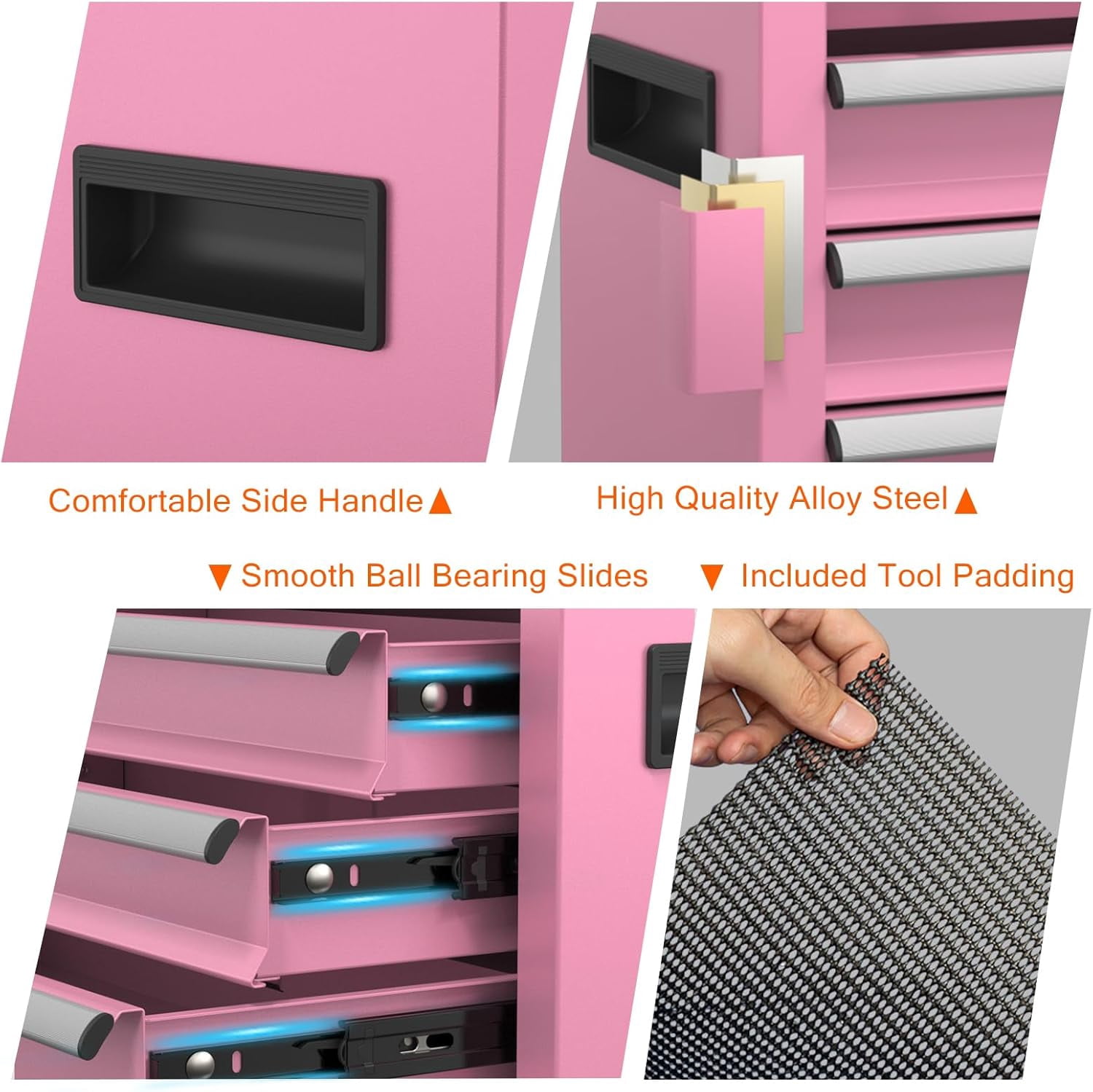 Portable Metal Tool Box with Drawers, Latches Tool Box with EVC Liners, Heavy Duty Tool Chest with Powder Coating for Garage, Office and Home (Pink)