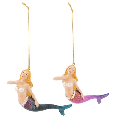 Mermaid Ornament Assorted Colors - Set of Two, Christmas Ornament, Tropical Coastal Décor