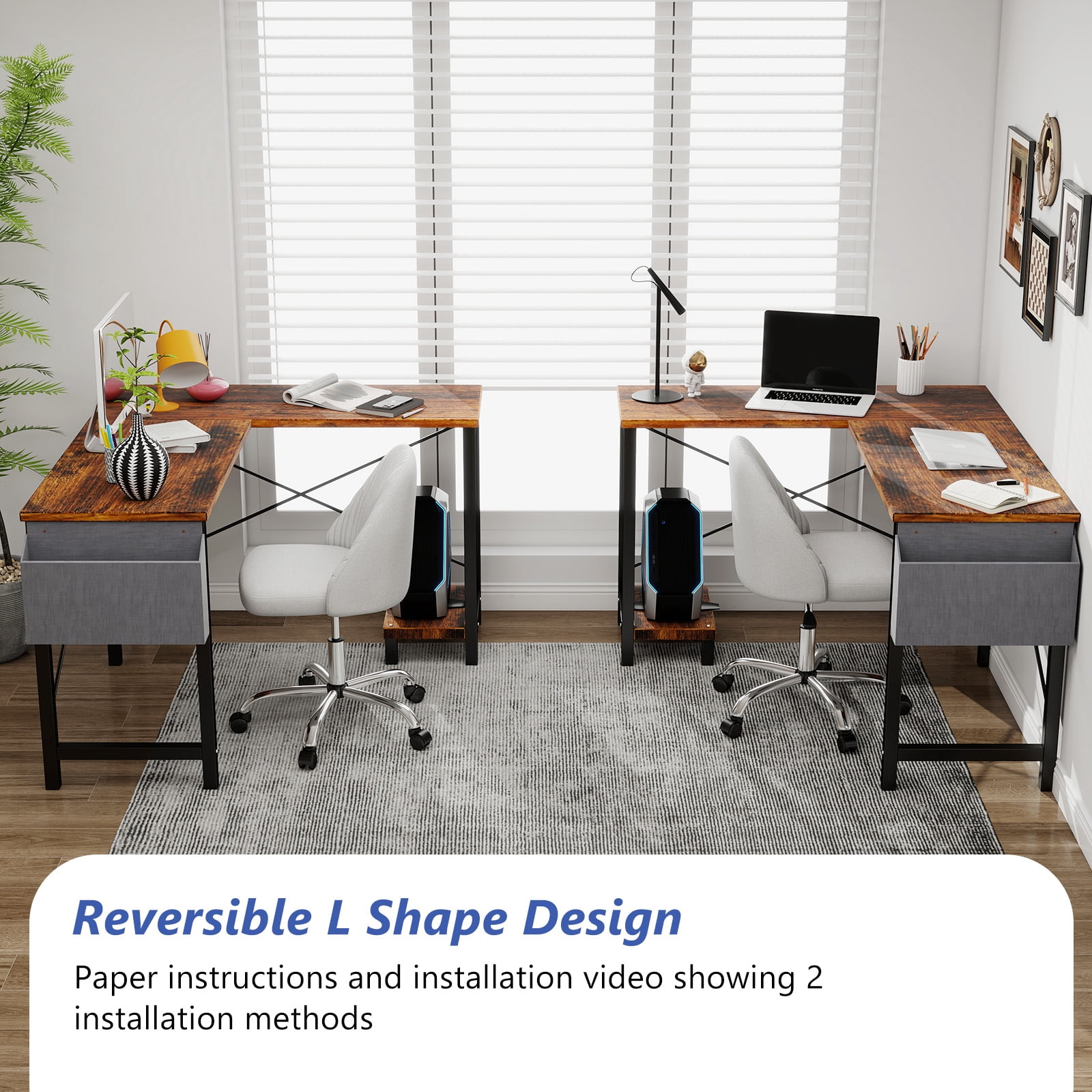 L Shaped Desk, 50 inch Reversible Corner Computer Desk with Storage Shelf & Side Bag, Home Office Working Workstation Gaming Table, Brown