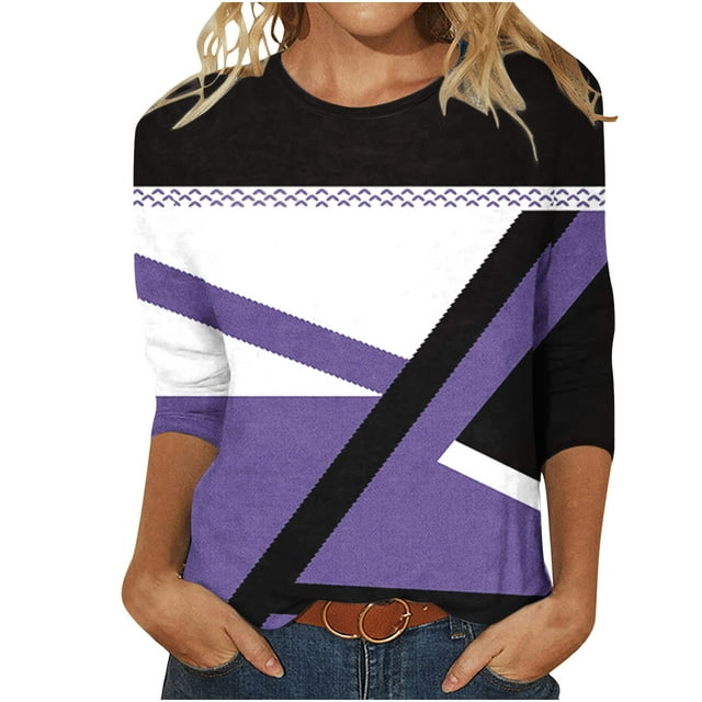FAIWAD Hauts à Manches 3/4 pour Femmes Col Rond Printemps Tunique Tendance Bloc de Couleur Chandail Ample