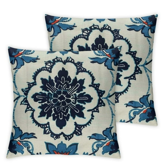nygtbtfer Canvas Embroidery Decorative Cushion Covers Navy Blue Flower Throw Pillow Covers, Pack of 2 White