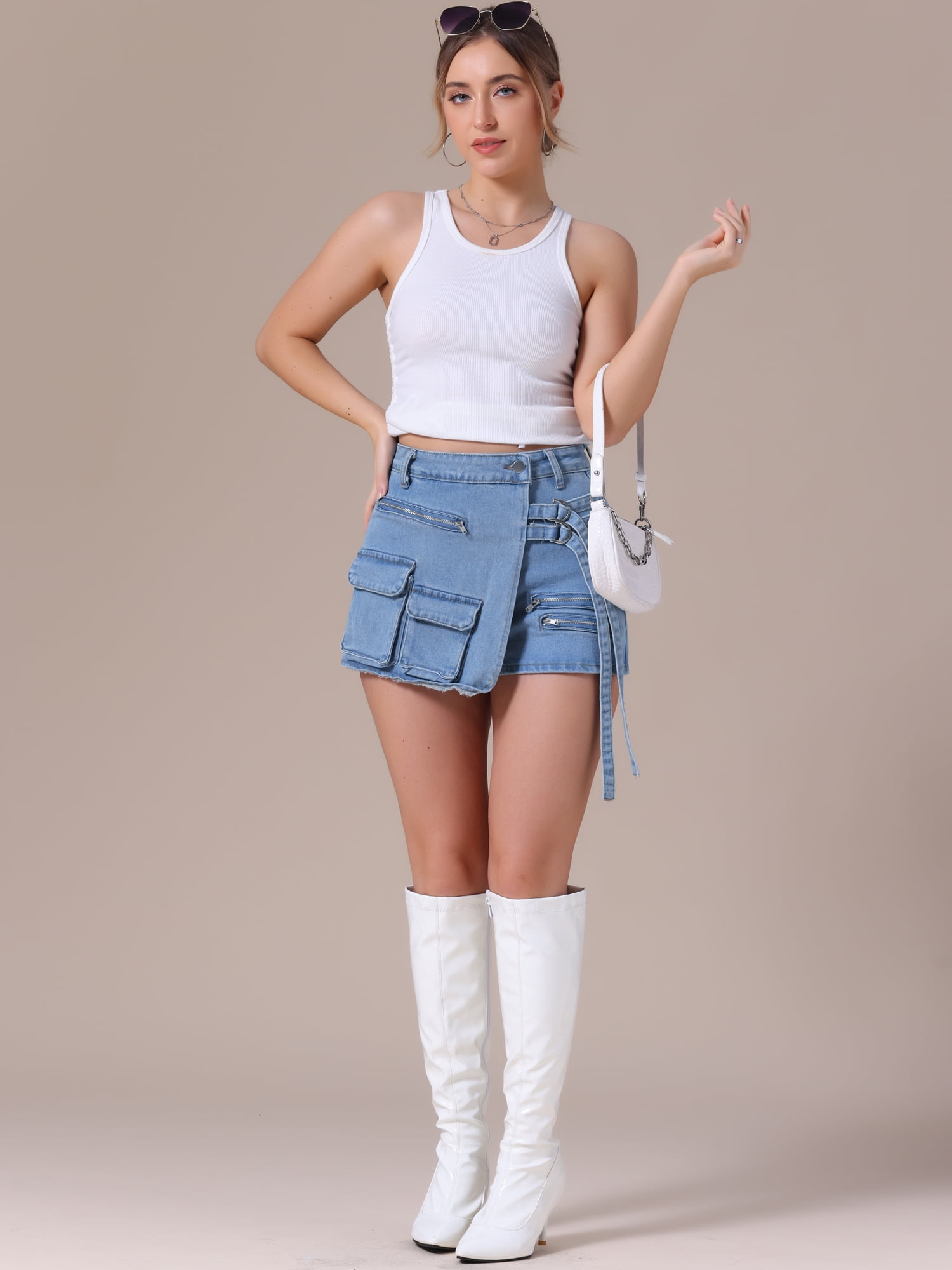 DARING DIVA Women's High Waist Western Asymmetrical Denim Cargo Skirt Shorts M Blue Grey