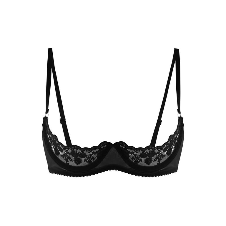 Yeahdor Womens Lace Push Up Underwired Shelf Bra Tops Open Cup Unlined  Bralette Exotic Lingerie Black-A L 