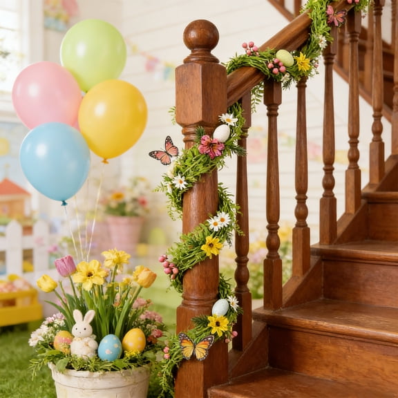 dajkiuy Easter Artificial Garlands with Eggs, 6.56Ft Spring Summer Floral Vine Garland Wreaths for Home Kitchen Fireplace Indoor Outdoor Holiday Party