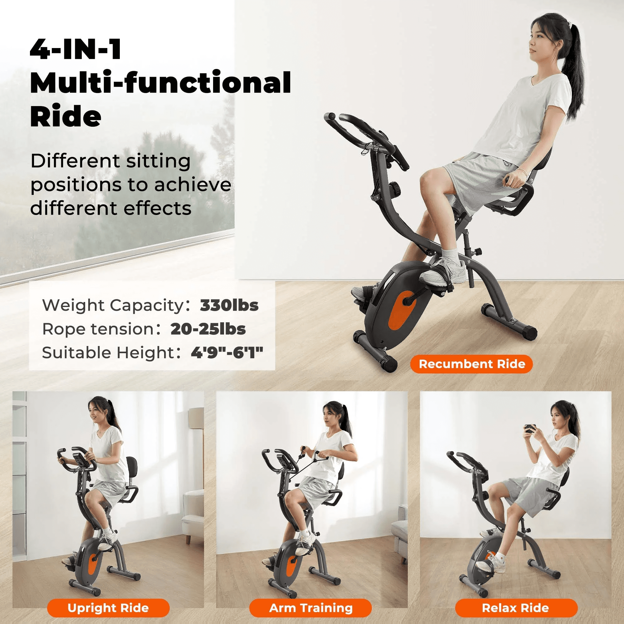 Naipo Folding Exercise Bike 4 in 1 Magnetic Stationary Recumbent Bike 10 Level Resistance for Home Use with Arm Resistance Bands