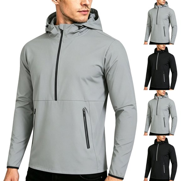 HOMADLES Men Lighweight Windbreaker Jacket with Hoodie Waterproof Long Sleeve Zip Up Jacket Softshell Sports Jacket Black Size M
