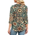 thumbnail image 6 of Domzest V Neck Tops for Women 3/4 Sleeve Boho Floral Print Pleated Button Down Shirts Loose Fit Tunic Blouse Green L, 6 of 6