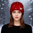 thumbnail image 2 of Bibifish Womens Knit Beanie Hat With Rhinestone & Bow Decoration Shiny Stretchy Soft Beanie Midweight Breathable Fall Daily Wear Stylish Trendy Hats, 2 of 4