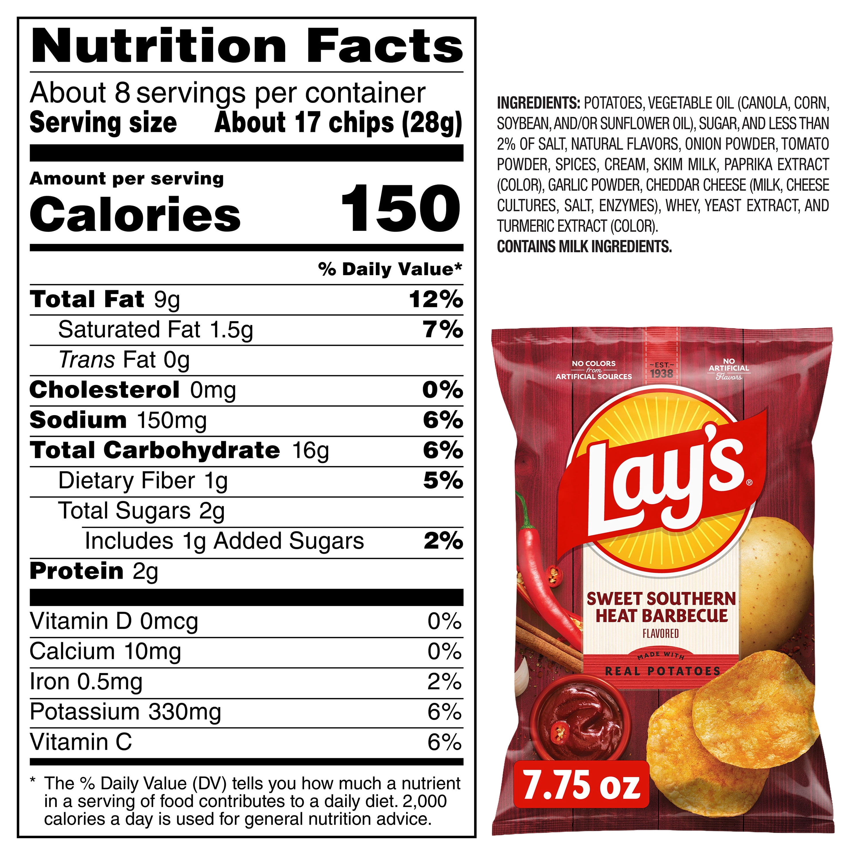(4 pack) Lay's Southern Sweet Heat Barbecue Flavored Potato Chips, 7.75 oz Bag