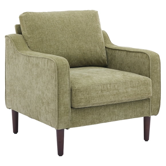 Mid Century Modern Accent Chair with Linen Fabric, Ergonomic High Back Solid Wood Frame Lounge Chair for Living Room Bedroom Reading Corner, Off White Gray Green