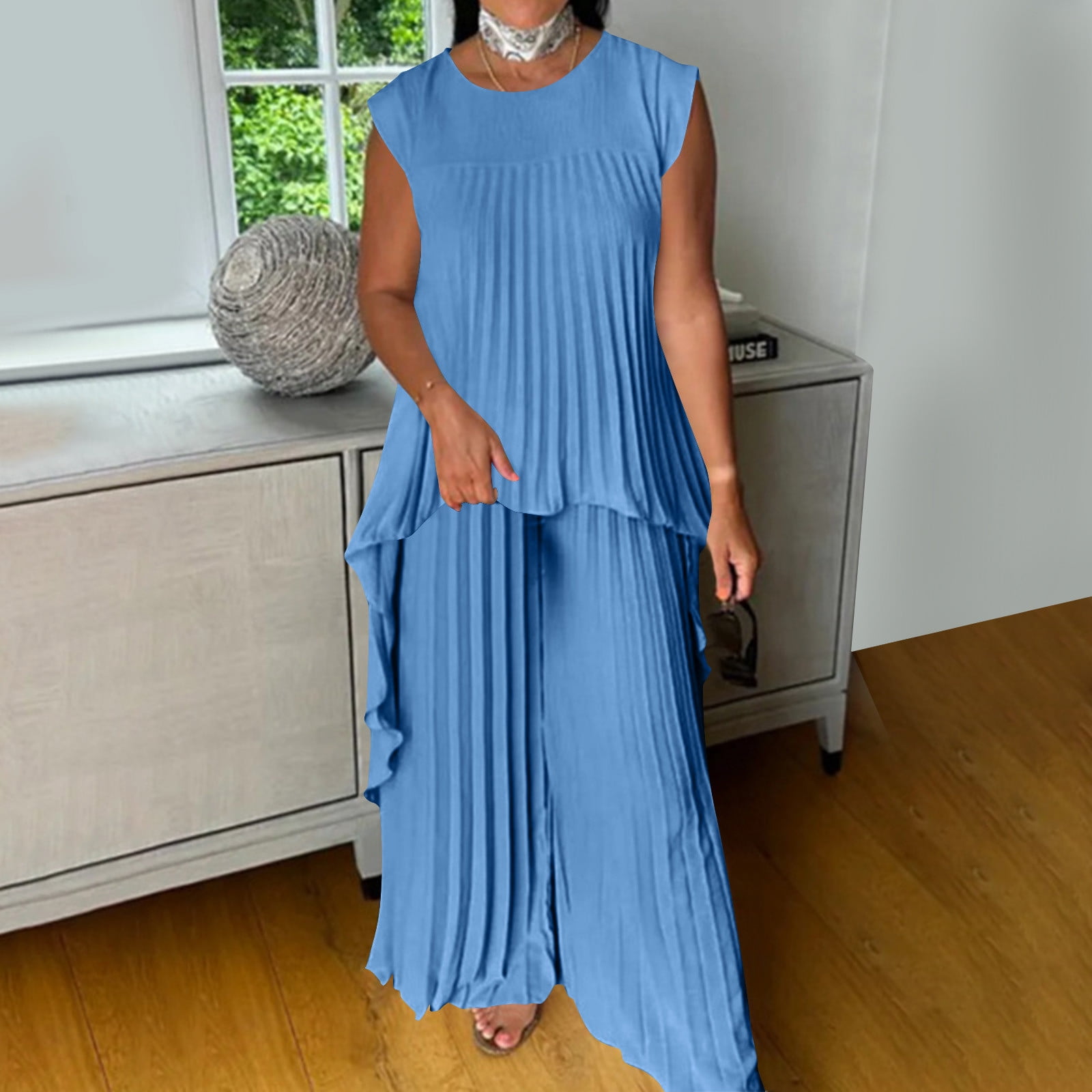 2 Piece Outfits for Women Dressy Pleated Wide Leg Pants Set - Asymmetric Hem Loose Tunic Tops Matching Lounge Sets