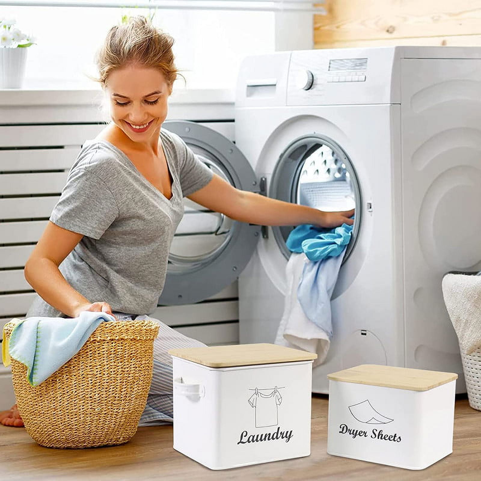 Pethiy Laundry Detergent Container for Powder, Beads, and Pods, Dryer Sheet Holder, White Laundry Canister for Bathroom Organizing and Storage