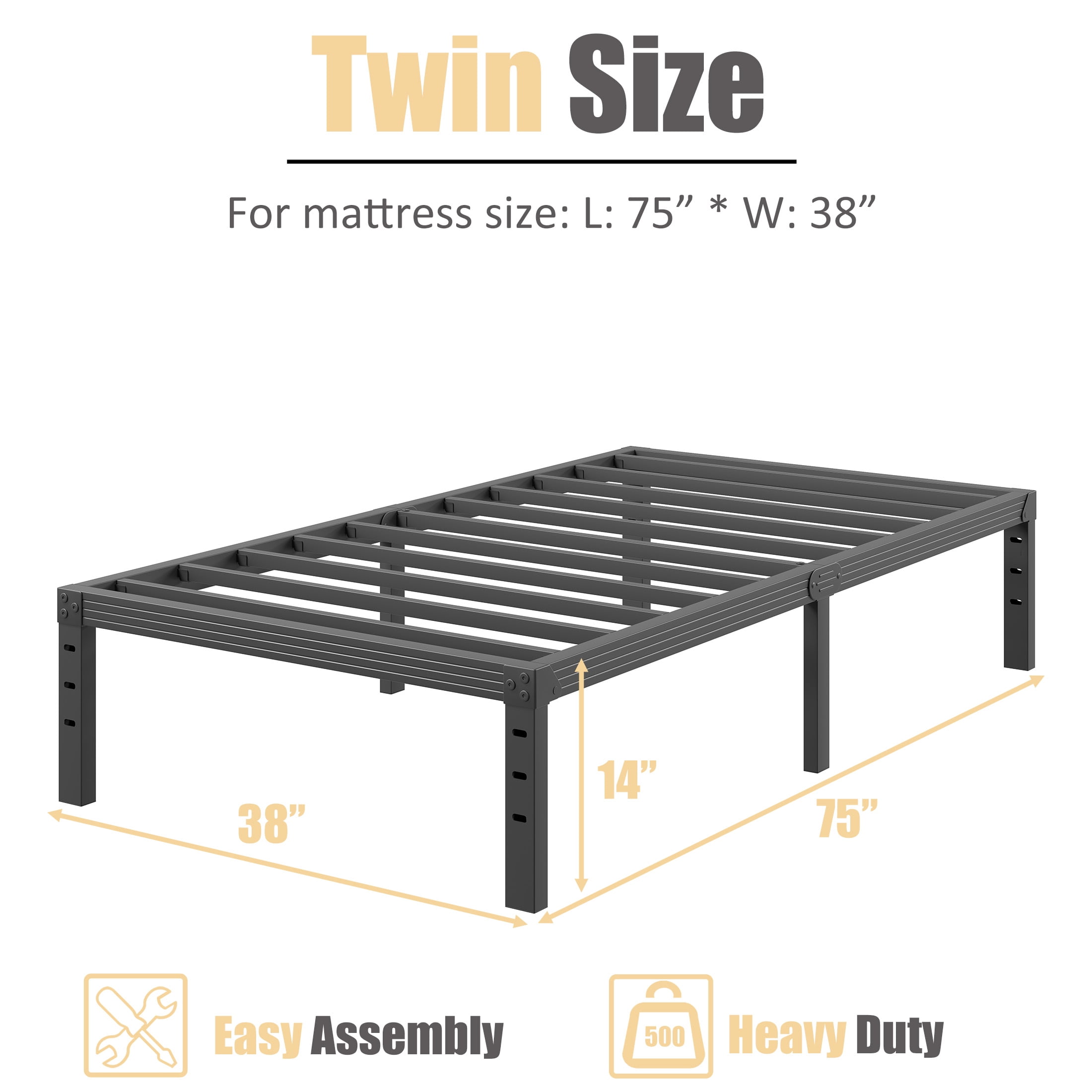 NESLIME 14 inch Twin Size Heavy Duty Metal Bed Frame, Sturdy Construction, No Box Spring Needed, Easy Assembly