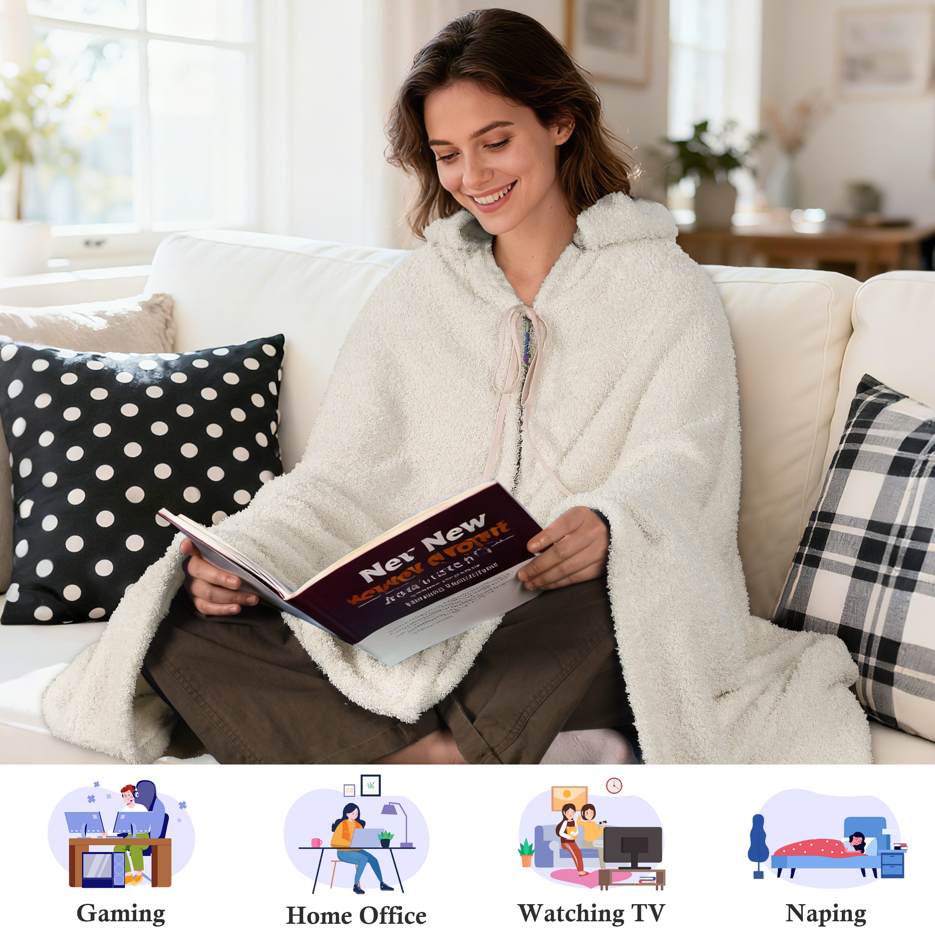 Catalonia Hooded Wearable Blanket Poncho for Adults, Lightweight Fleece Cape with Hand Pockets, Cozy Plush Throw Wrap for Women, Perfect for Lounging, Gifts Ideas