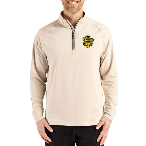 Men's Cutter & Buck Cream Missouri Tigers Vault Logo Adapt Eco Knit Stretch Raglan Quarter-Zip Pullover