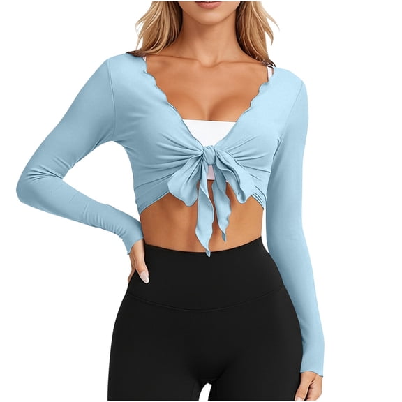 Qiopertar Womens Short Sleeve Wrap Cardigan Front Tie Crop Top Yoga Cover Up Casual Comfy Sports Leisure Tops Hooded Streetwear Blouse, Blue L