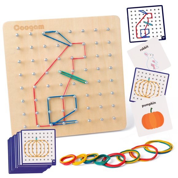 Coogam Wooden Geoboard Educational Toys with Activity Pattern Cards and Rubber Bands STEM Puzzle for 1 2 3 Years Old Kids