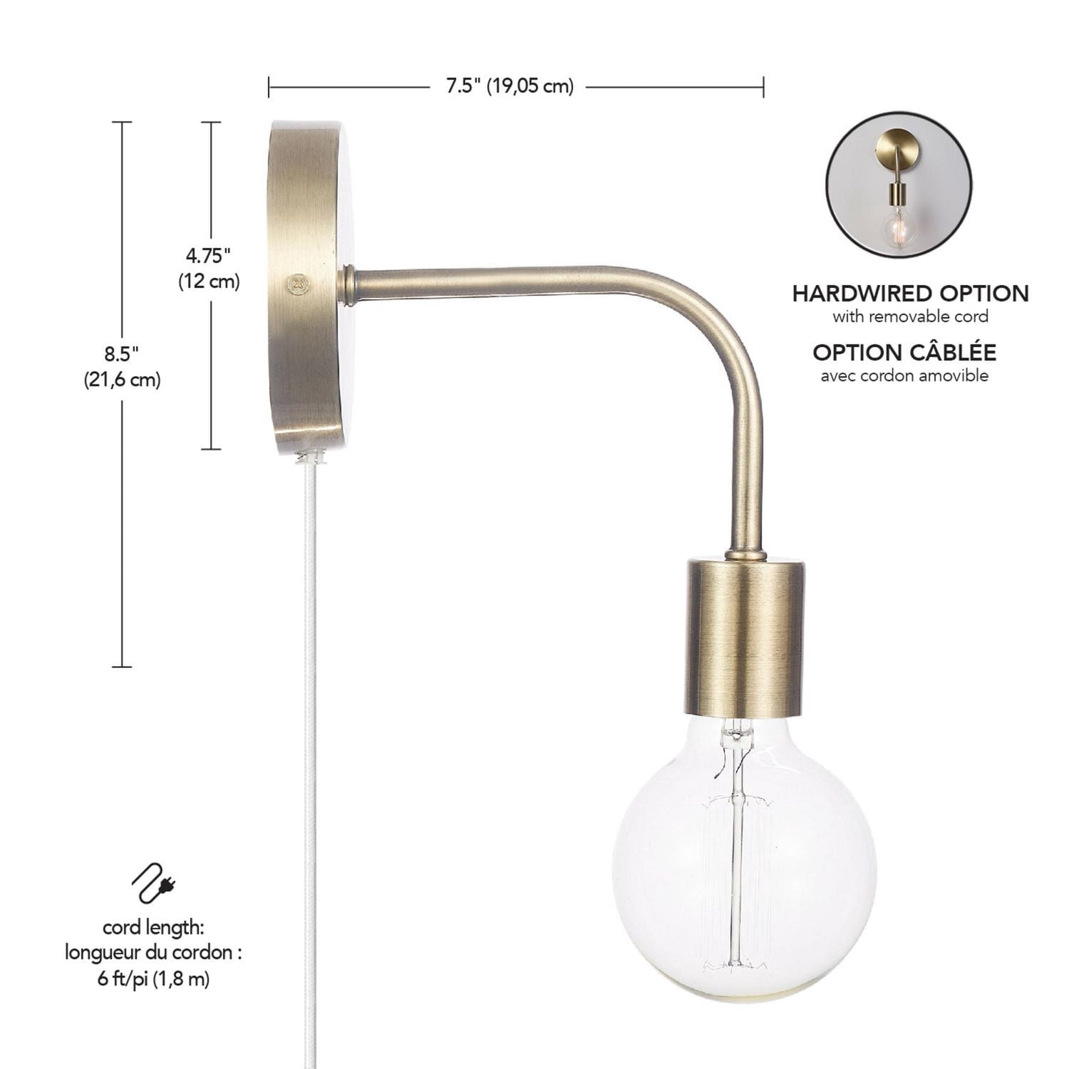 Holden 1-Light Long Arm Matte Brass Plug-In or Hardwire Wall Sconce, 91002314